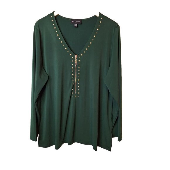 Premise Womens Tunic Top Size 1X Green Long Sleeve Studded‎ Zipper Front Stretch - Picture 1 of 13